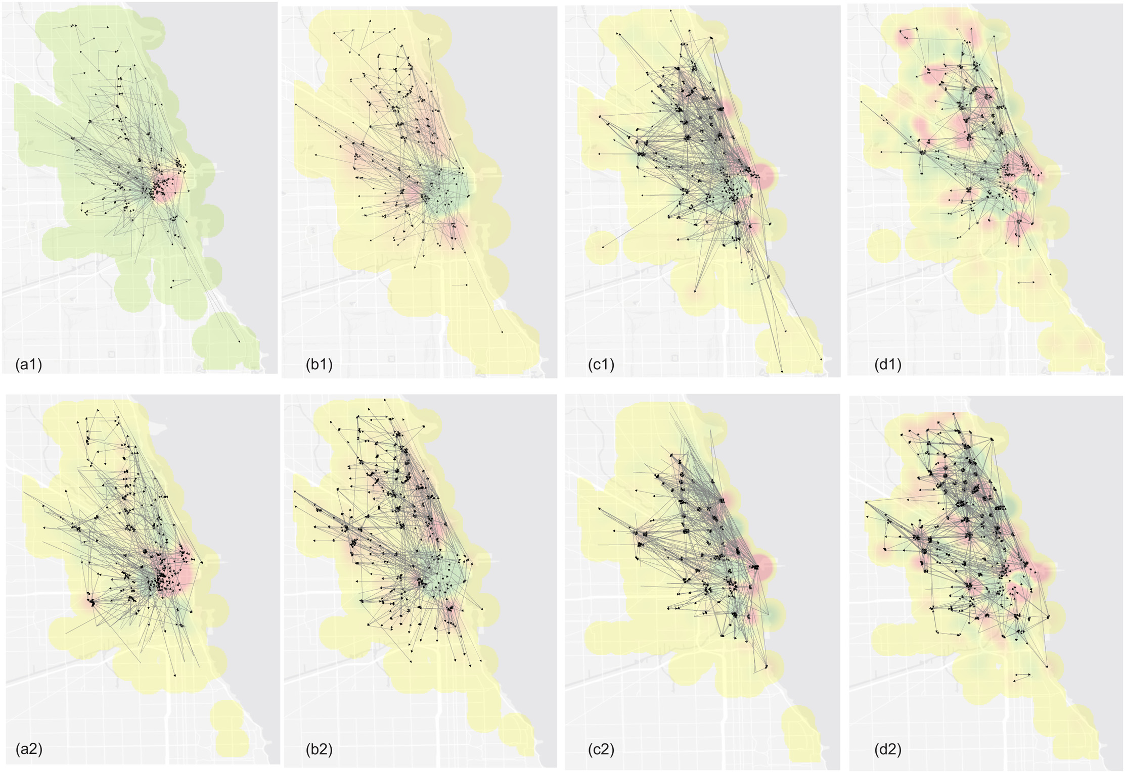 Figure 2: Flow clusters showing biking patterns during weekday peak hours and weekends.