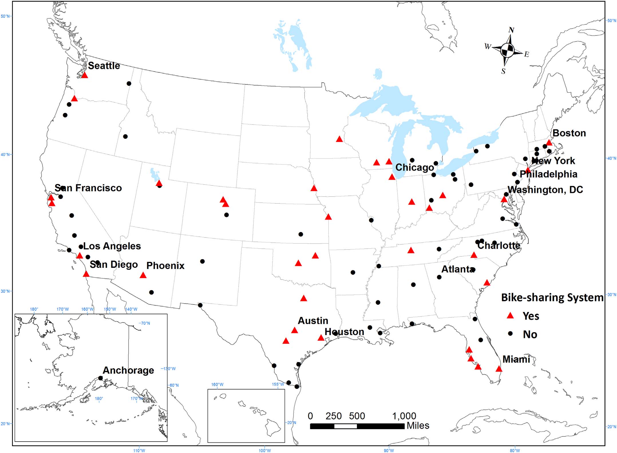 Geographical distribution of bike-sharing systems in U.S. urban areas