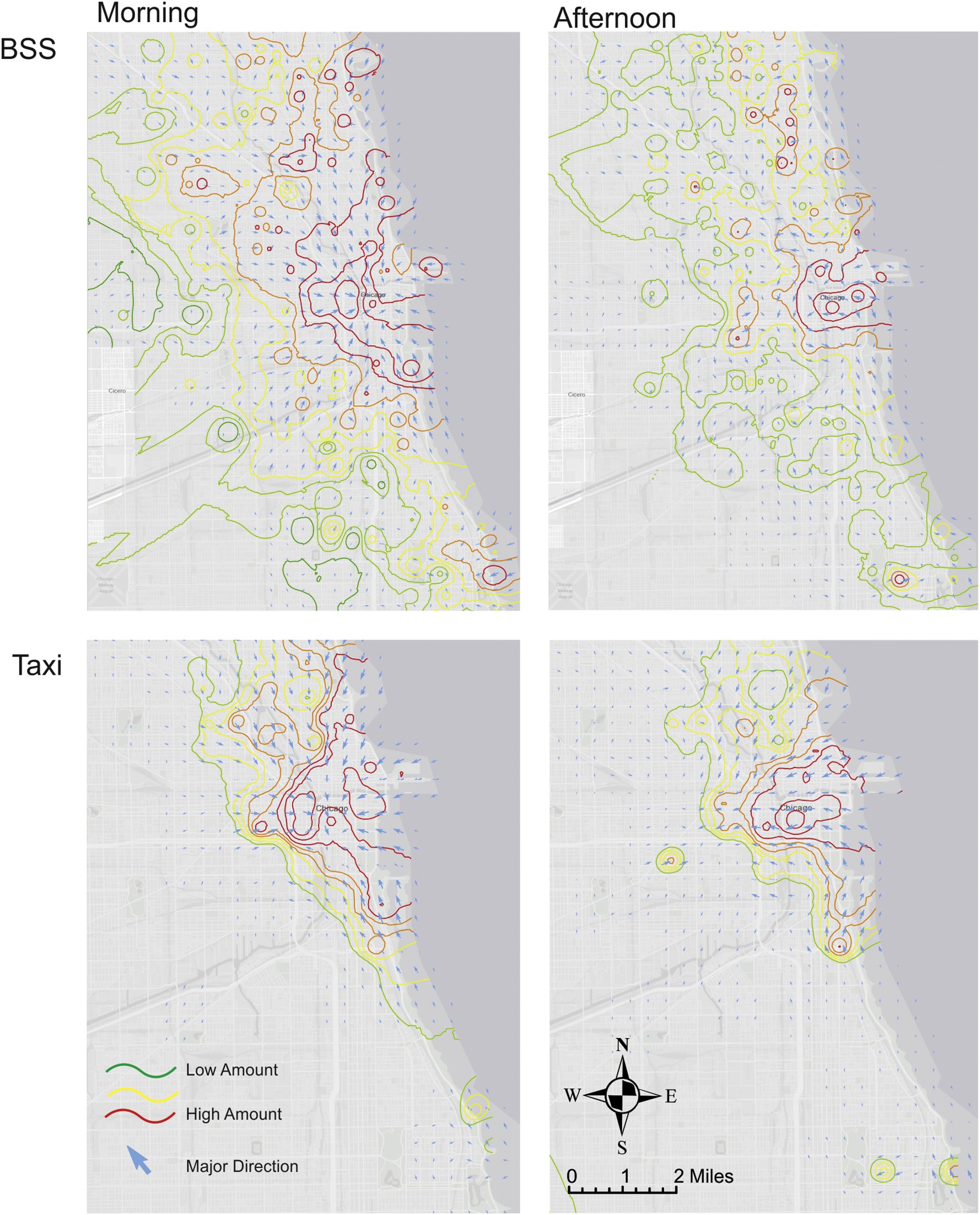 Dominant trip directions for bike-sharing and taxi trips during morning and afternoon rush hours