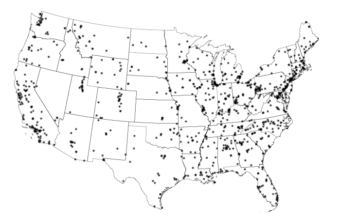 Map of U.S. EPA monitoring sites for PM2.5 measurements in 2009