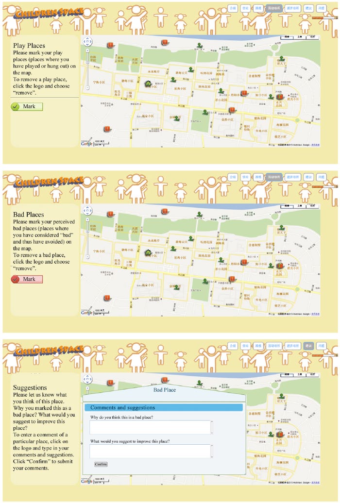 Web-based mapping interface used by children to mark play and bad places