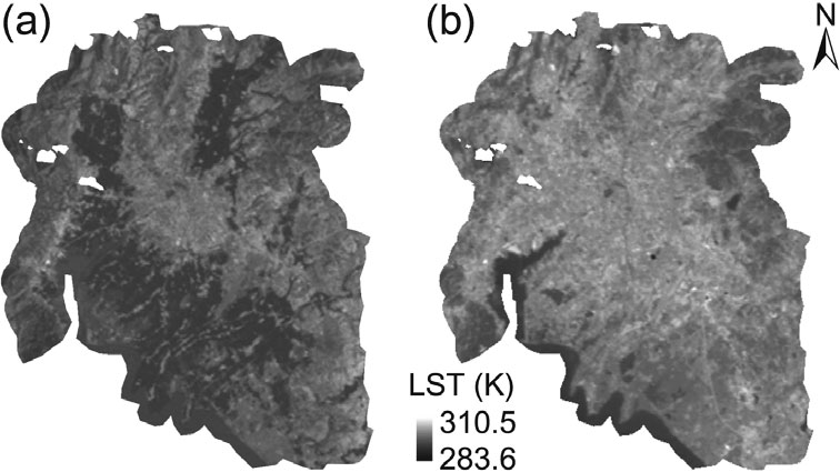 Land surface temperature maps for 1992 and 2006