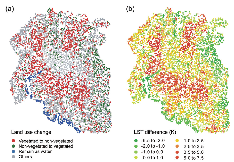 Changes in land use and corresponding temperature differences