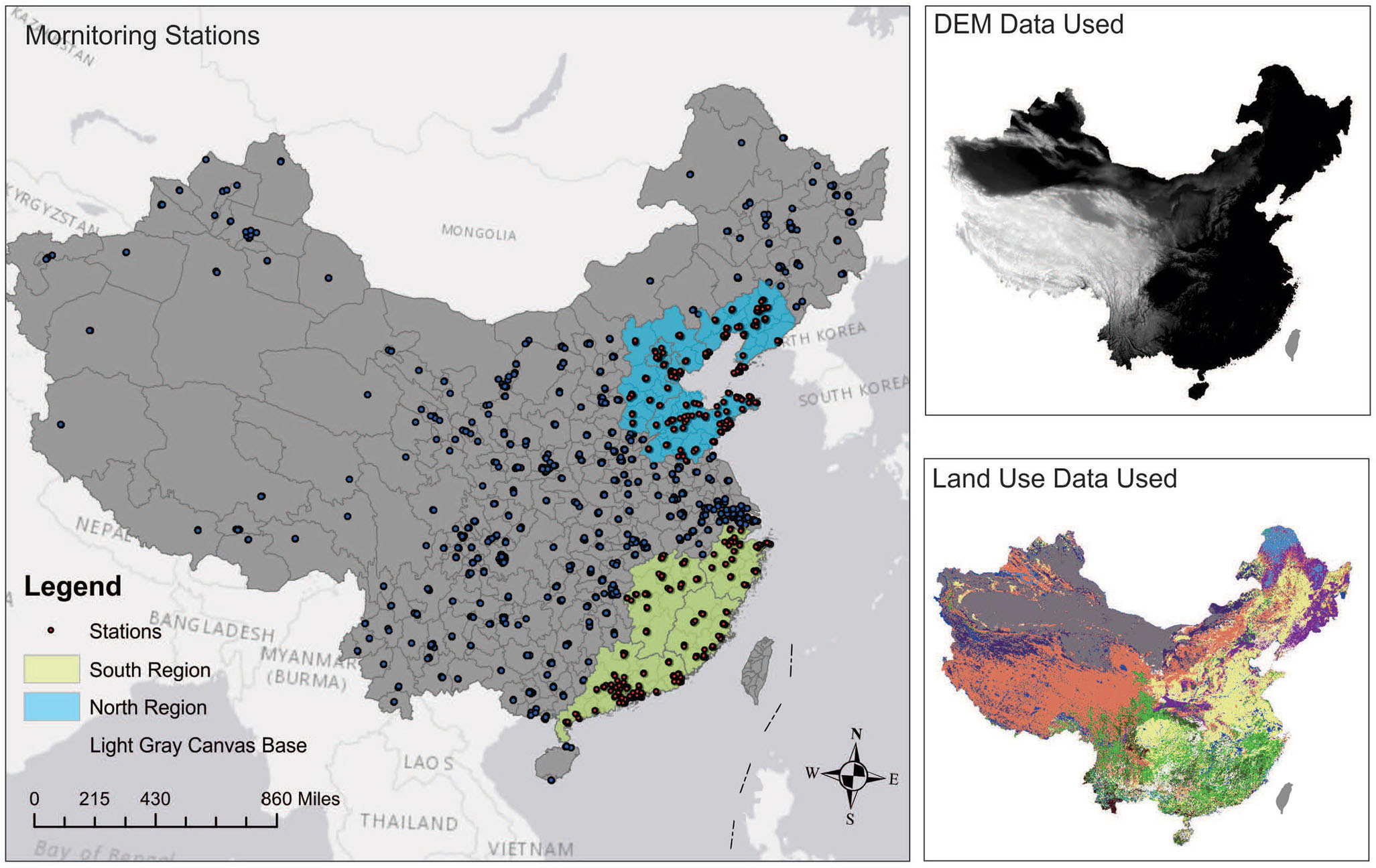 Map of study areas in China showing monitoring stations in the north and south regions