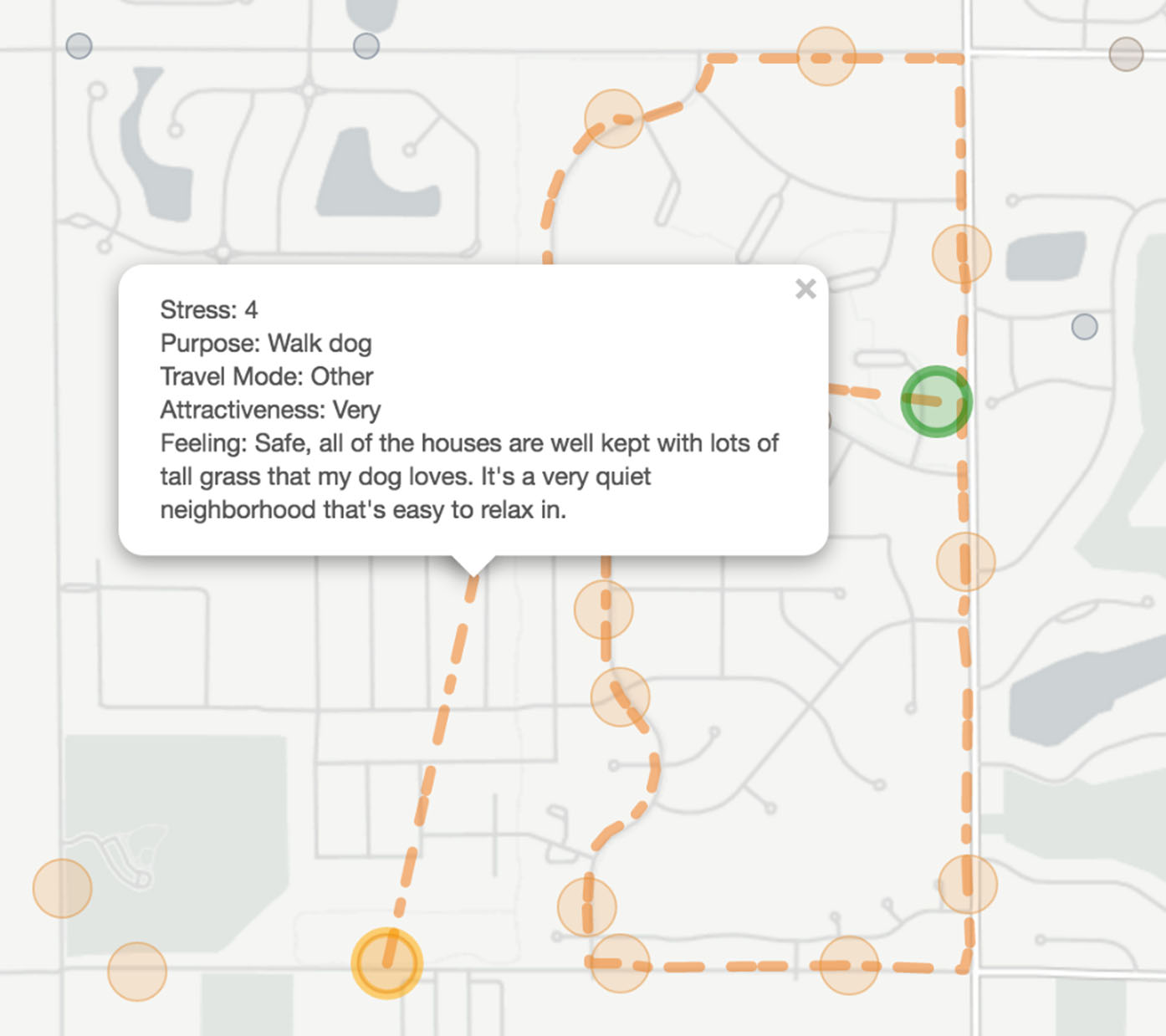 Figure 2: Example of an individual travel route with emotional annotations